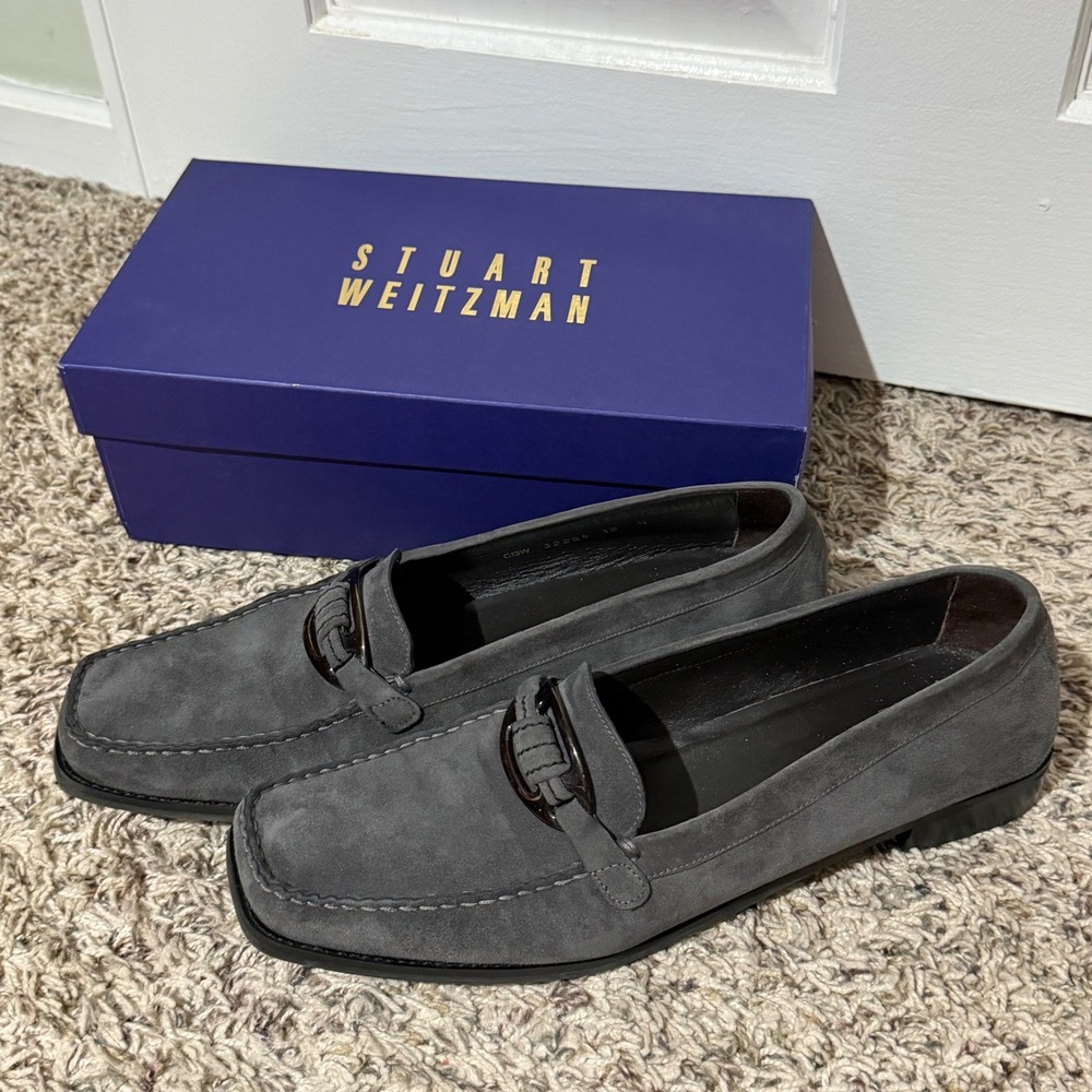 Stuart Weitzman Plato Charcoal Suede Loafers Square Toe Buckle 12 N 3W32284